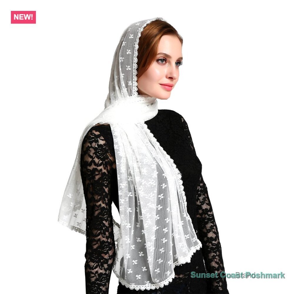 White Lace Veil Mantilla Scarf with Embroidery Wedding Church Religious New